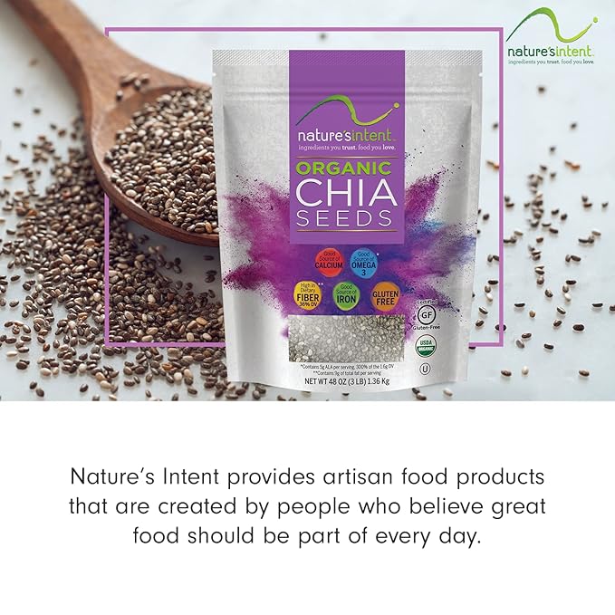 Nature's Intent Organic Chia Seeds - 3lb Bag - USDA Organic Non-GMO Vegan Gluten-Free Kosher Keto &amp Paleo - Good Source of Calcium Omega 3 and Iron - for Salads Yogurt &amp Smoothies