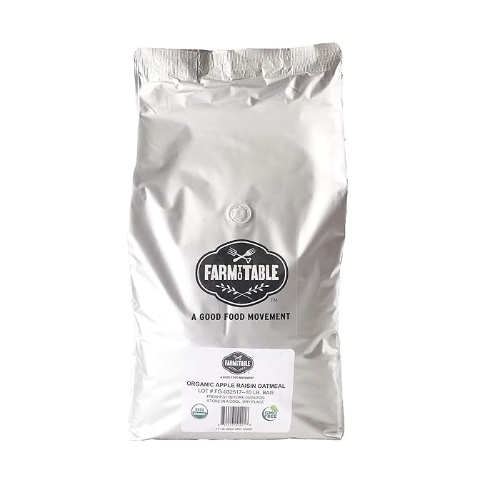 Farm to Table Foods Organic Apple Raisin Whole Grain Oatmeal – High Fiber &amp Protein All Natural - 10 lb. Bag