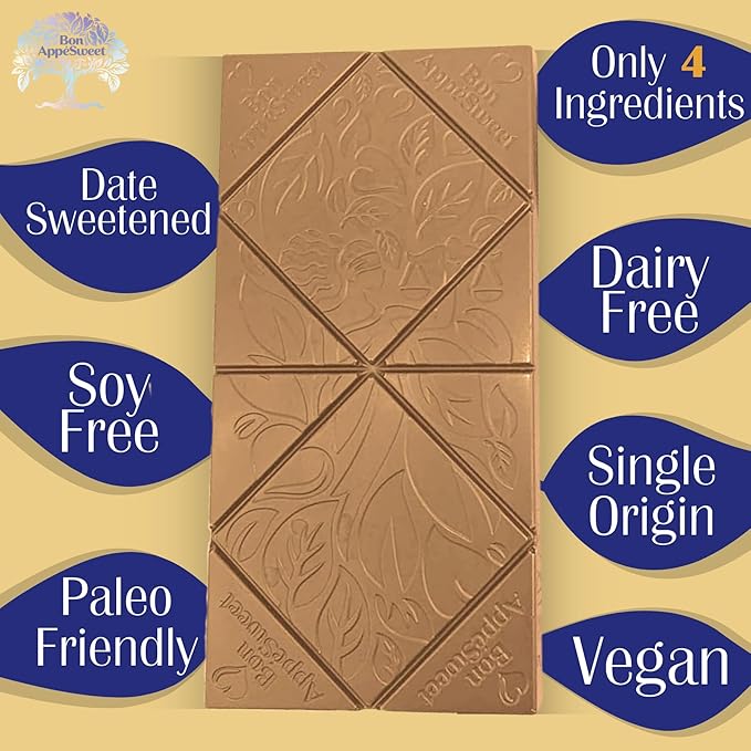 Bon Appesweet Date Sweetened Chocolate Bar - Golden Chocolate | 2.2 Ounce (Pack of 5) | Organic Zero Added Sugar 37% Cacao Plant Based Dairy Free and Guilt Free!