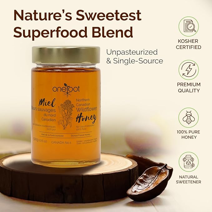 OneRoot Natural Wildflower Honey - 1.1 lbs / 500g Pure Canadian Boreal Forest - Unpasteurized Minimally Filtered &amp Single-Source - Rich in Enzymes &amp Antioxidants - Raw Liquid Honey