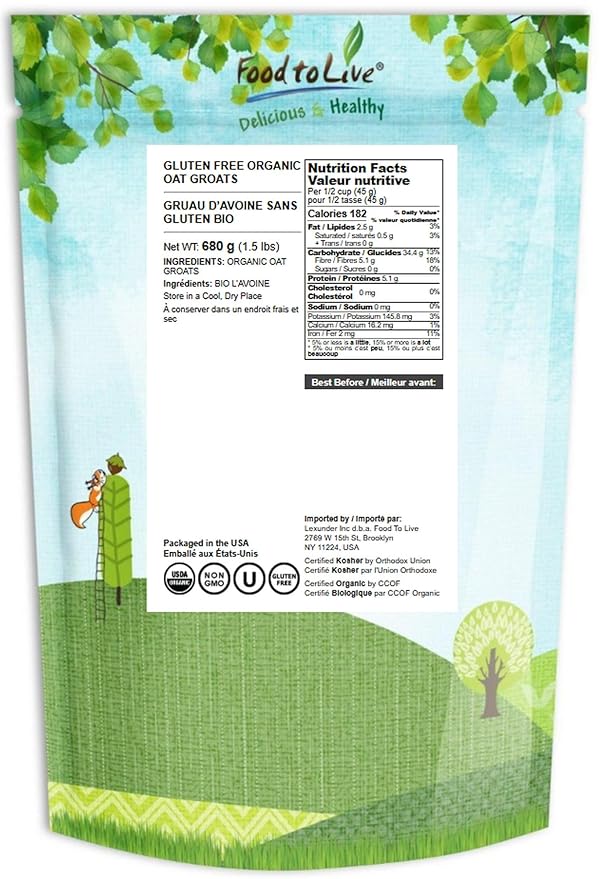 Food to Live Gluten Free Organic Oat Groats 1.5 Pounds – 100% Whole Grain Non-GMO Seeds Raw Non-Irradiated Vegan Bulk Berries. High in Protein Dietary Fiber Iron. Low Glycemic. Made in USA