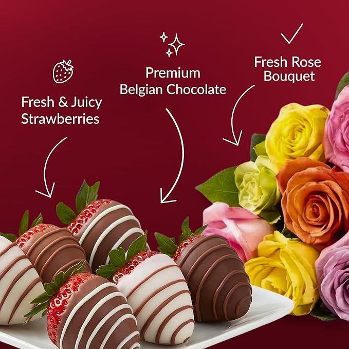 Shari’s Berries 12 Assorted Roses &amp 12 Gourmet Chocolate Covered Strawberries Gift Set| Flower &amp Chocolate Gift Delivery for Valentine's Day Anniversary Birthday &amp Thank You (No Vase)