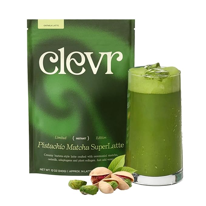 Clevr Pistachio Matcha SuperLatte Organic Ceremonial Grade Instant Superfood Powder Blend with Lions Mane Reishi Mushroom Coconut Cream Oat Milk Ashwagandha Serve Hot or Iced (14 Lattes)