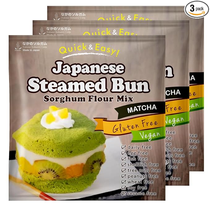 3 Packs (3 x 2.8oz) GMO-Free Japanese Steamed Bun Sorghum Flour Mix Gluten-Free Microwaveable (3 x 2.8oz Matcha)