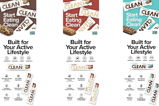 Ready Clean Protein Bars Variety pack Chocolate Peanut Butter Chocolate Chip Dark Chocolate Coconut Almond 5 servings per case total 3 cases/15 individual servings.