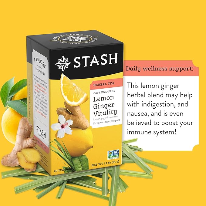 Stash Tea Lemon Ginger Vitality Herbal Tea - Naturally Caffeine Free Non-GMO Project Verified Premium Tea with No Artificial Ingredients 20 Count (Pack of 6) - 120 Bags Total