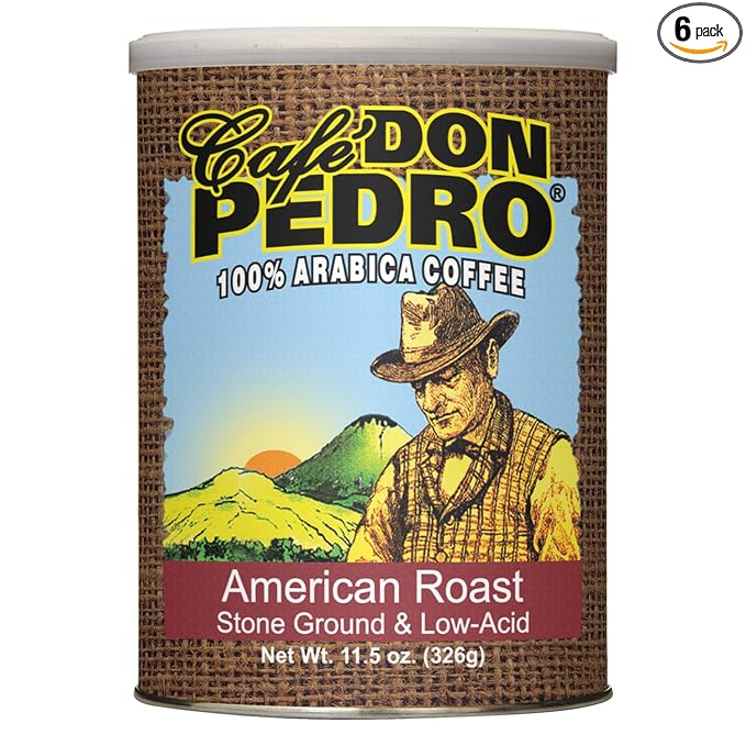 Cafe Don Pedro American Roast Naturally Low Acid Coffee Medium Roast Stone Ground Coffee Stomach Friendly Prevents Acid Reflux. 11.5 Ounce Regular Can (6 Cans)