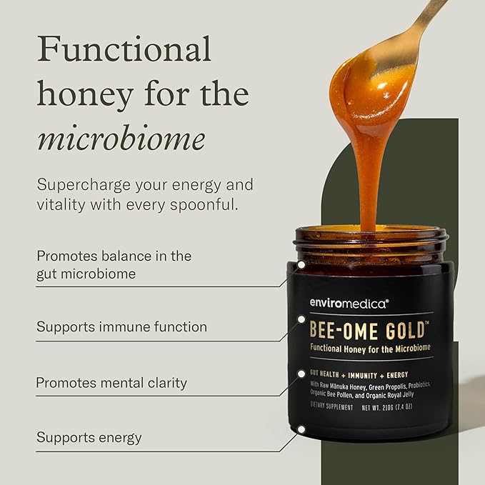 Bee-Ome Gold by Enviromedica - Unpasteurized Raw Manuka Honey with Probiotics Royal Jelly Bee Pollen &amp Propolis Functional Superfood Honey 7.4oz