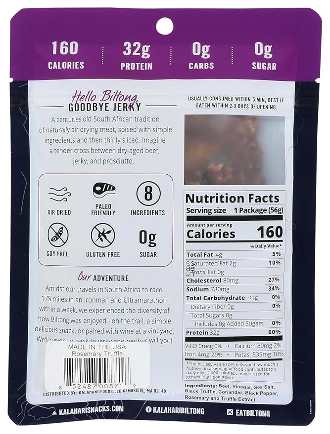 Kalahari Biltong Variety Pack – 4 Pack (Original Peri Peri Garlic Rosemary Truffle) – High Protein Low Carb Gluten Free Keto-Friendly Snack