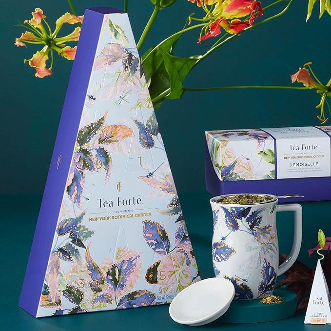 Tea Forte Tea Advent Calendar Gift Set 12 Individually Wrapped Handcrafted Assorted Pyramid Infuser Tea Bags with Numbered Doors Demoiselle