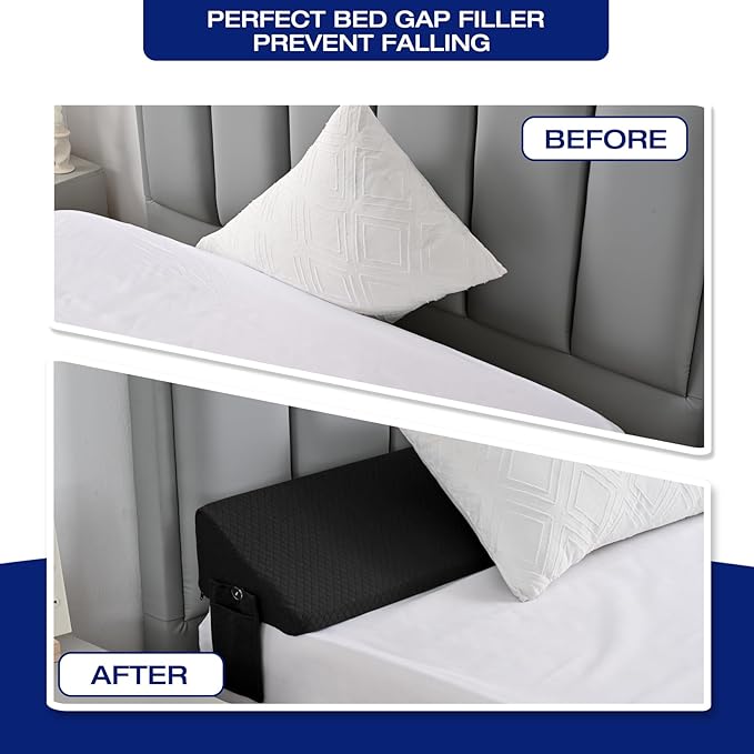 Twin Bed Wedge Pillow for Bed Gap Filler/Headboard Gap Black Long Triangle Corner Pillows with PocketsDense FoamPillow Prevents Stuff DropsBetween Twin Mattress and Frames Home Beds Accessories