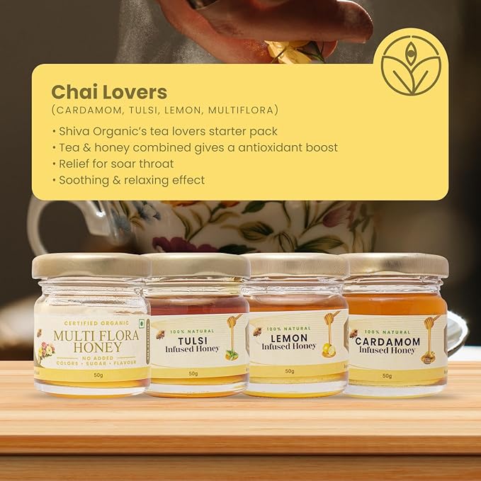 Shiva Organic Honey Tasters - For Chai Lovers Pack | 4 Flavors x 50g Each | Total 200g | Elevate Your Chai Experience with Pure and Natural Honey