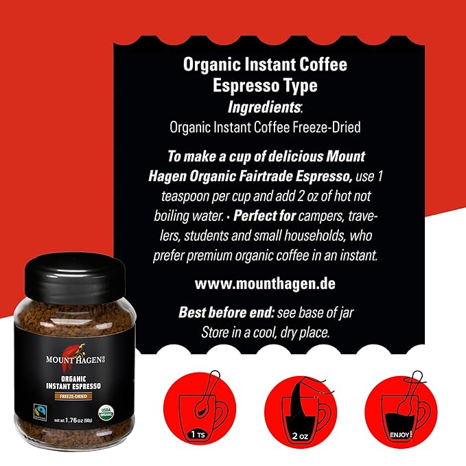 Mount Hagen 3.53oz Organic Freeze Dried Instant Coffee and Instant Espresso Ground Coffee 1.76oz Bundle