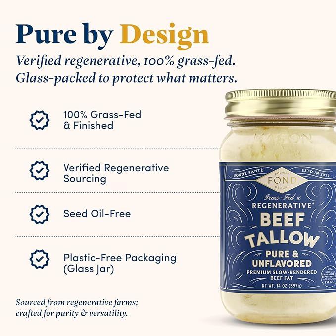 FOND Regenerative Grass-Fed Beef Tallow for Cooking – High Smoke Point Grass Fed Beef Tallow for Frying Sautéing &amp Roasting – Sustainably Sourced Seed Oil Free – Pure &amp Unflavored 14oz