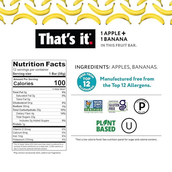 That's it Apple + Banana 100% Natural Real Fruit Bar Best High Fiber Vegan Gluten Free Healthy Snack Paleo for Children &amp Adults Non GMO Sugar-Free No Preservatives Energy Food (12 Pack)