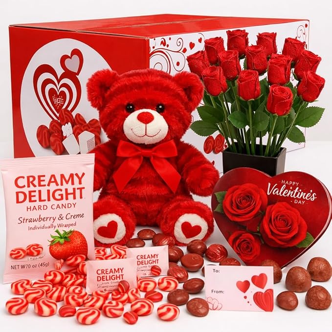 Valentines Day Gift Box with (Red or White) Beaer Belgian Chocolates Roses Strawberry Creamy Delight Hard Candy and Chocolate Assortment Romantic Gift for Her or Him