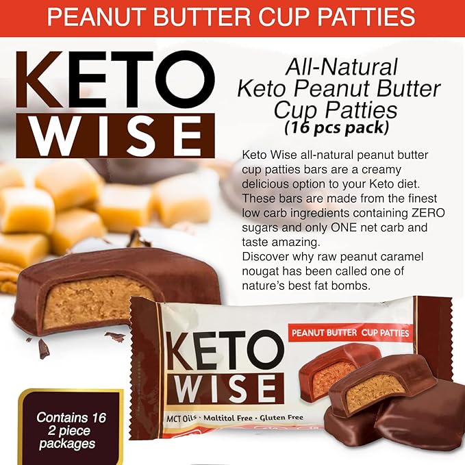 Keto Wise Fat Bombs - Made with Chocolate containing MCT Oil - Low Fat Low Carb and Keto Friendly Snack - 10g Fat 1g Net Carbs | Peanut Butter Cup Patties 16 Count (Pack of 1)
