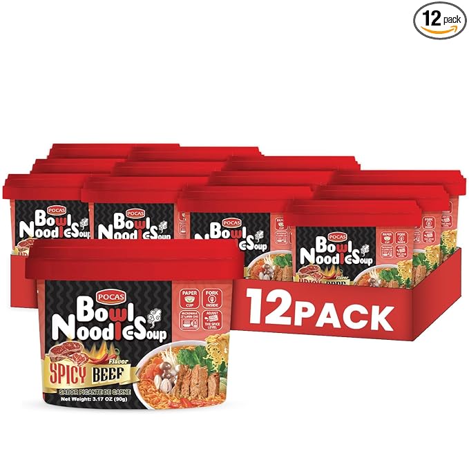 Pocas Bowl Noodle Soup Spicy Beef 12-Pack – Microwavable Instant Noodles Bowl 3.17 Oz Ea