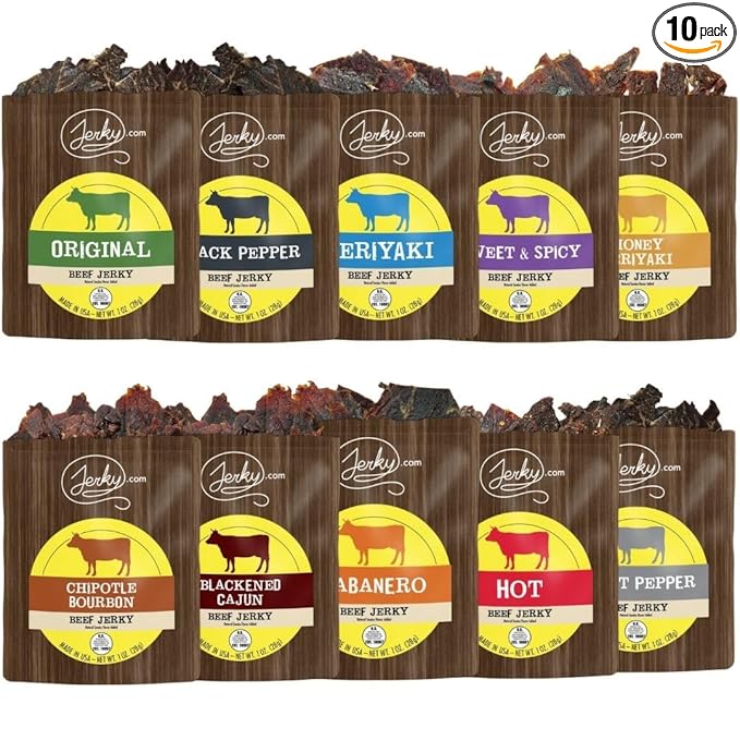 Jerky.com Beef Jerky Variety Pack Sampler | Gluten Free Beef Jerky Snack Packs for Adults | Made with Premium Meats | High Protein Keto-Friendly Jerky Assortment | Gifts for Men (Pack of 10 bags)