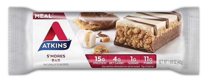 Atkins S’mores Protein Meal Bar High Fiber 1g Sugar 4g Net Carbs Meal Replacement Keto Friendly 5 Count