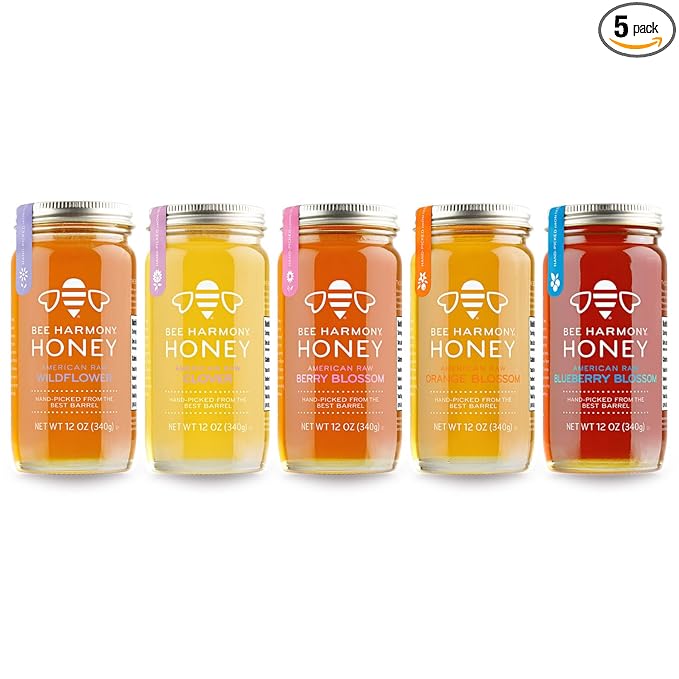 Bee Harmony Honey 5 Pack Variety Pack Contains 5 jars 12 ounces each (Clover Wildflower Orange Blossom Berry and Blueberry)