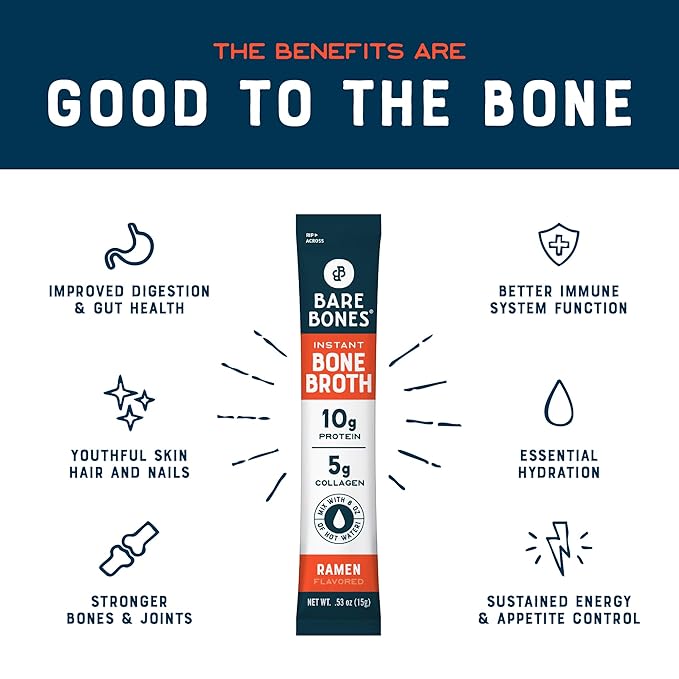 Bare Bones Ramen Bone Broth Instant Powdered Mix Packets | 5g Collagen | 10g Protein | Keto &amp Paleo Friendly | No Artificial Flavors | Non-GMO Gluten-Free Dairy-Free Rich Savory on-the-go 16 Pac