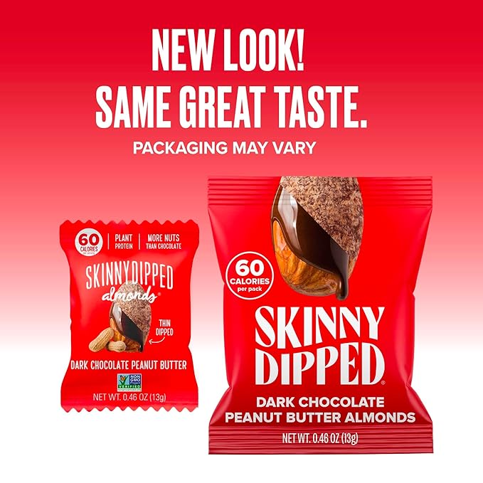 SkinnyDipped Dark Chocolate Peanut Butter Almonds Healthy Snack Plant Protein Gluten Free 0.46 oz Mini Bags Pack of 24
