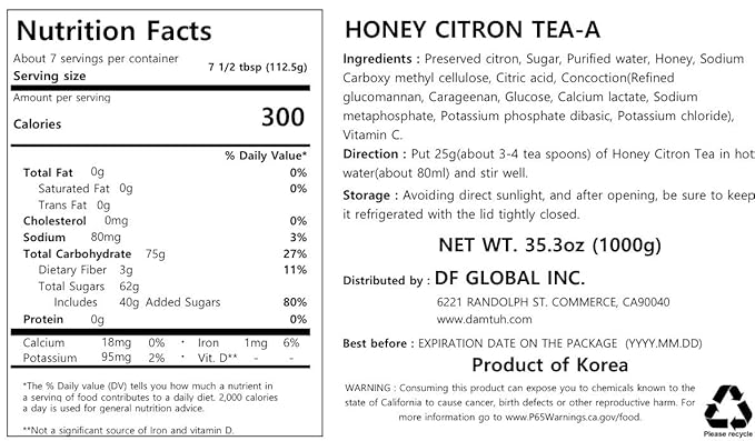 Damtuh Honey Citron Tea &amp Honey Ginger Tea Bundle Pack 1000g - 2.20lb x 2 Bottle