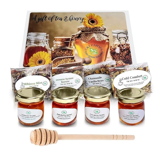 C&ampJ Farms Texas Gourmet Artisan Seasonings A Gift of Tea and Honey Gift Set- 9 Piece Variety Sampler Box- Includes Stir Spoon and Sampling of Loose Leaf Tisanes &amp Infused Honey- Local Natural