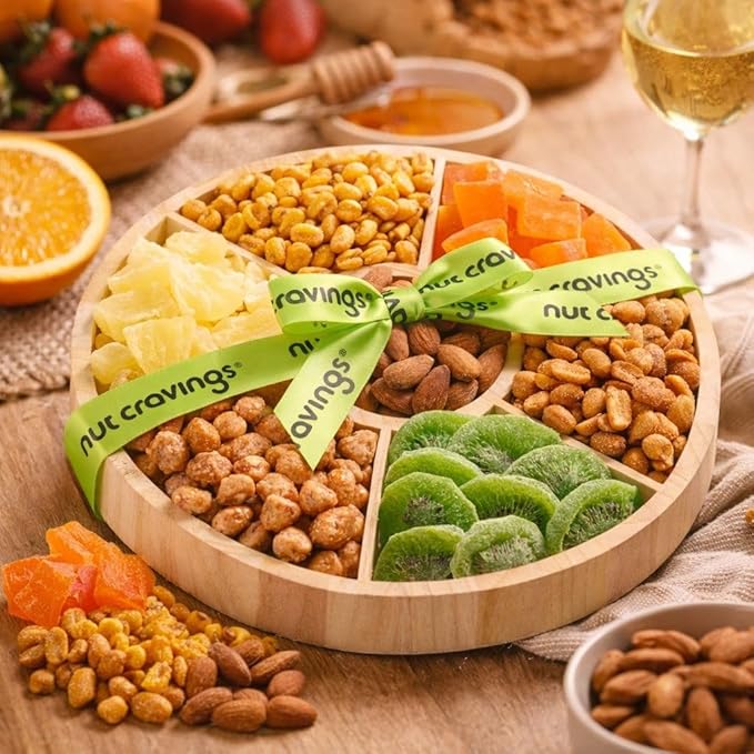 NUT CRAVINGS - Easter Dried Fruit &amp Mixed Nuts Gift Basket in Reusable Round Wooden Tray + Ribbon (7 Assortments) Ramadan Gifts Saint Patricks Day Food Arrangement Healthy Snack Care Package Ko