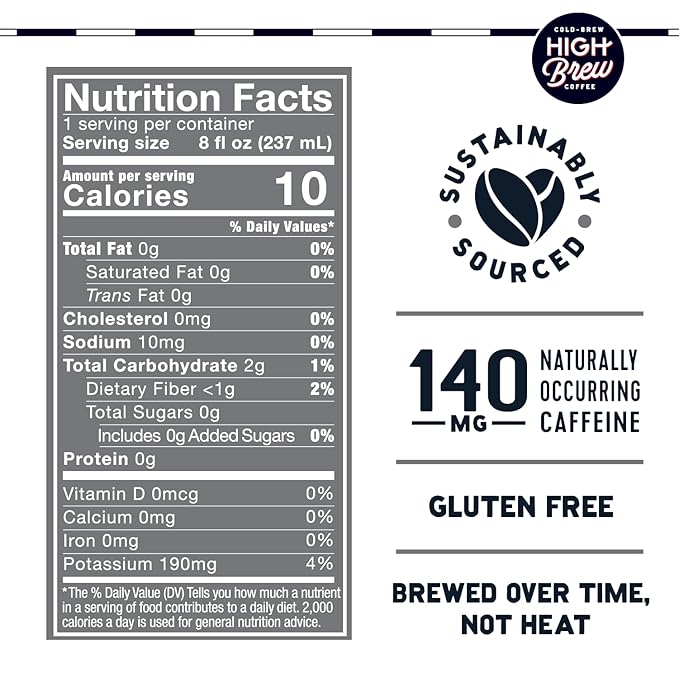 High Brew Black &amp Bold Cold Brew Coffee Caffeinated Dairy Free 8 Ounces (Pack Of 12)