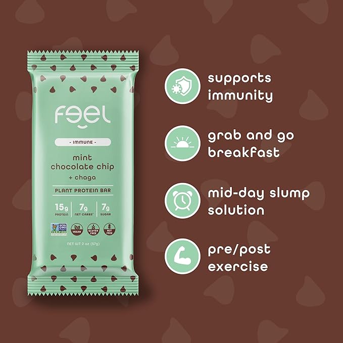 Feel Vegan Protein Bars Mint Chocolate Chip Keto Gluten Free Organic Chaga Mushroom 15g Plant Protein Low Carb High Protein Dairy Free Low Sugar Grain Free Nut Free Soy Free