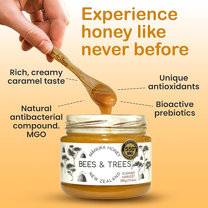 Bees &amp Trees Manuka Honey 550+ MGO – New Zealand Pure Monofloral Raw – Premium &amp Minimally Processed for Health Strength &amp Vitality – Unpasteurized Superfood in Gift Set - 380g (13.4oz)