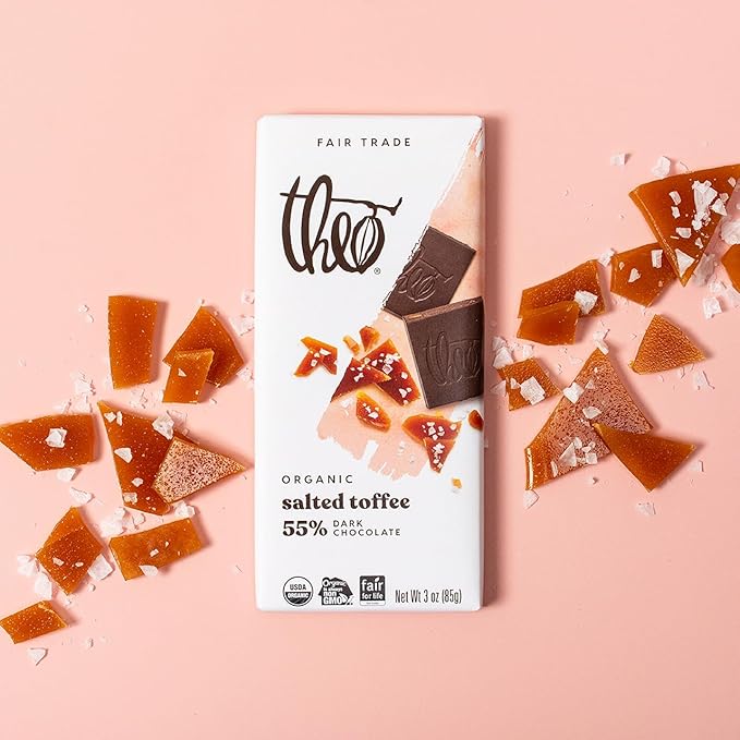 Theo Chocolate Salted Toffee Organic Dark Chocolate Bar 55% Cacao 6 Pack | Fair Trade
