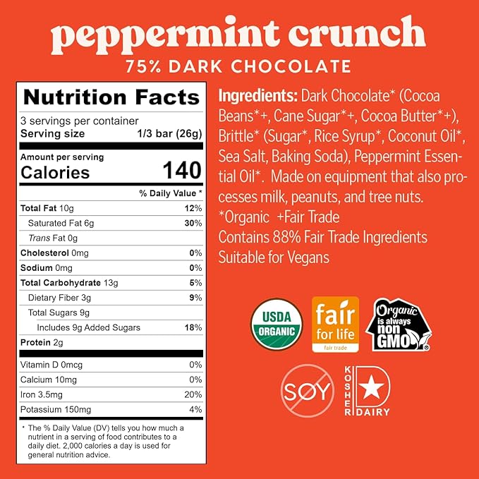 THEO Chocolate Holiday Peppermint Crunch Organic Dark Chocolate Bar 70% Cacao 12 Pack | Vegan Fair Trade 2.8 ounces