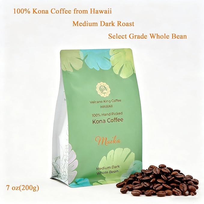 Hawaiian Coffee Beans 100% Kona Coffee Select Grade Medium Dark Roast Whole Bean Hand Picked Great for Espresso Drip or French Press(Maika 7 oz)