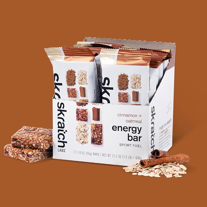 Skratch Labs Energy Bar | Cinnamon + Oatmeal (12 Pack) | Plant Based Healthy Snack | Low Sugar - 5g Protein | Non-GMO Gluten Free Soy Free Vegan Kosher