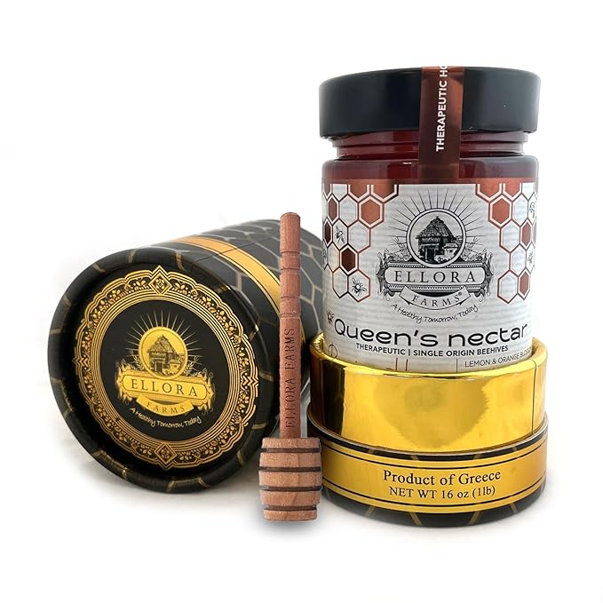 Ellora Farms Greek Honey Lemon &amp Orange Blossom Raw Honey Unfiltered 2025 Paris Platinum Award Non-GMO and Unpasteurized Gift Pack with Dipper - 450 g
