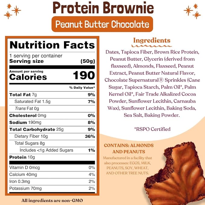 Elavi Peanut Butter Chocolate Protein Brownie 10g Protein 10g Fiber Non-Dairy Vegan &amp Gluten Free Guilt-Free Snack | No Added Sugar No Sugar Alcohols Kid Friendly (8 pack)
