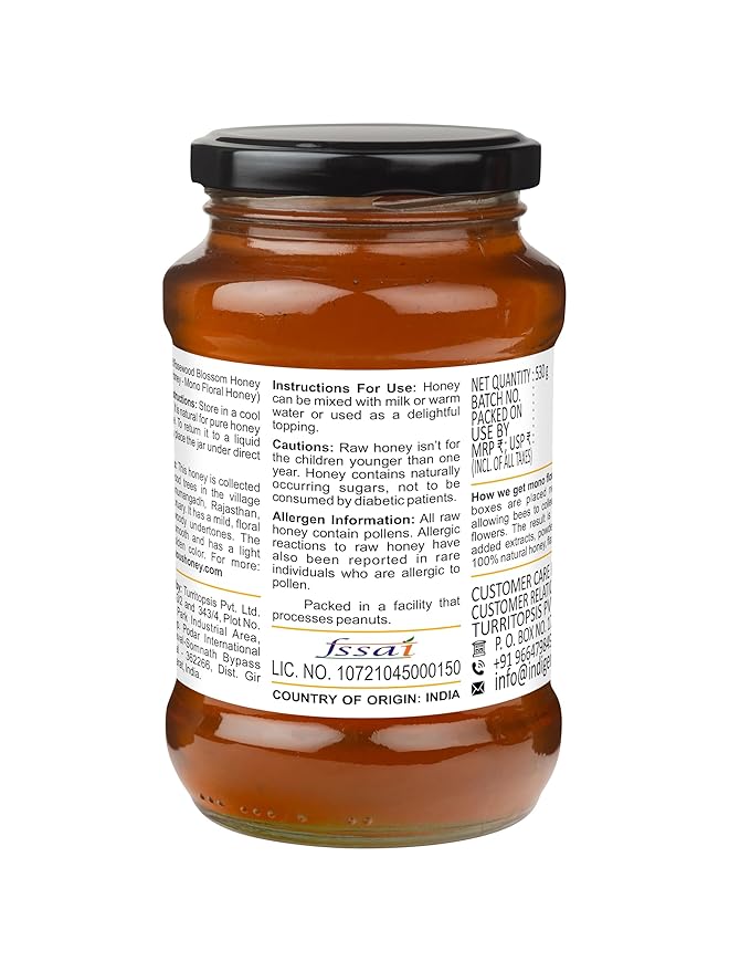 INDIGENOUS HONEY Rosewood Shisham Honey Raw Organic Natural Pure Unprocessed NMR Tested Unpasteurized Unheated 530g Glass Jar Pack of 1