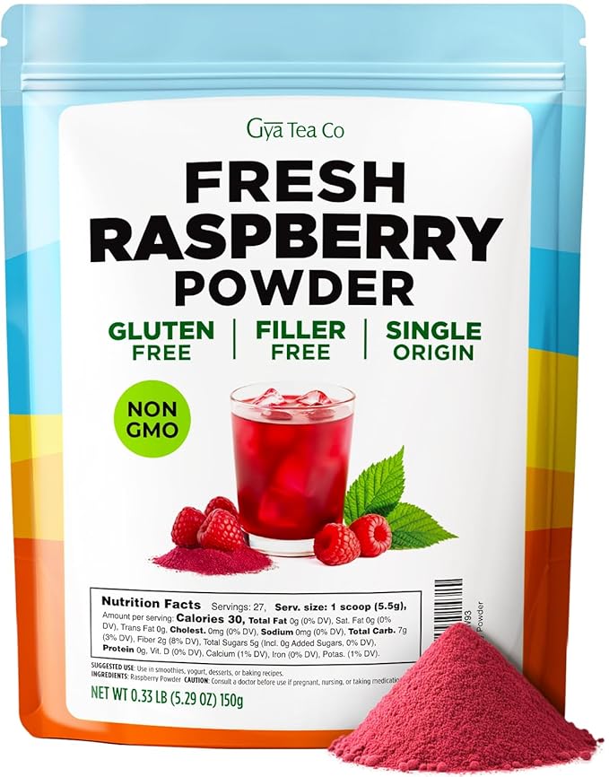 Gya Tea Co Fresh Raspberry Powder 0.33 lb (5.29 oz) - Superfood for Baking Tea Smoothies - Non-GMO Sugar-Free Gluten-Free Vegan Friendly