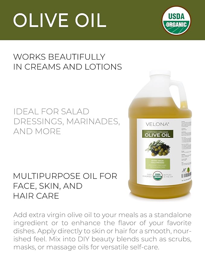 velona USDA Certified Organic Olive Oil -1 Gallon / 128 Fl Oz | 100% Pure and Natural Carrier Oil | Extra Virgin Unrefined Cold Pressed | Cooking Dressing Face Hair Body &amp Skin Care | Use To
