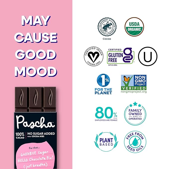 Pascha Organic Chocolate Bars Gluten Free Non GMO 2.82 Oz Pack of 10 Sugar Free Dark 100% Cacao with Cocoa Nibs