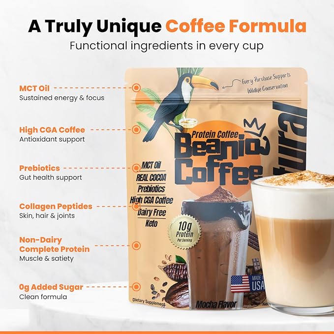 Protein Coffee Mocha with Collagen: Zero Added Sugar 100% Natural Dairy-Free 10G Protein Instant Blend with Real Cocoa High CGA Coffee 100mg Caffeine Collagen Peptides 15 Servings