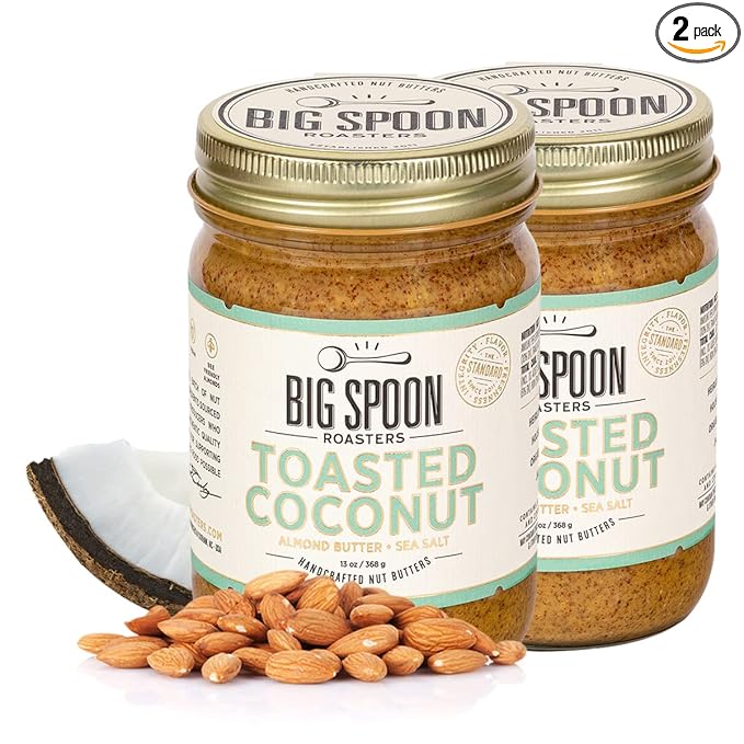 Big Spoon Roasters Toasted Coconut Almond Butter with Sea Salt - Keto Friendly Low Sugar Almond Butter - Crunchy &amp Bee-Friendly Almonds - Gourmet Vegan Almond Nut Butter - 2 x 13 Ounces