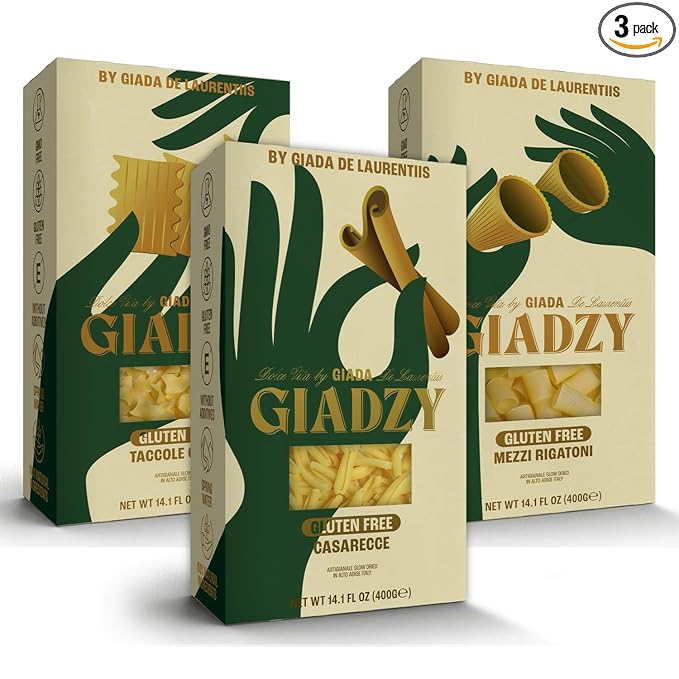 Giadzy by Giada De Laurentiis 3 Pack Gluten Free Variety Pasta - includes Caserecce Taccole &amp Mezzi Rigatoni- Made in Italy Artisanal Clean Ingredients - Non GMO