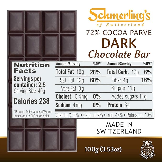 Schmerling's Dark Swiss Chocolate - 72% Cocoa - All Natural Chocolate - Vegan - Gluten Free - Paleo - Non GMO - Non Dairy - Gourmet Parve - Kosher OU - 3.5oz Each (Pack of 5)