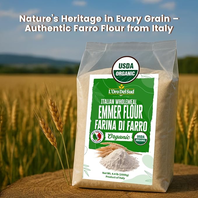 L’Oro Del Sud Organic Farro (Emmer) Flour – 4.4 lb (2 kg) Stone-Ground Ancient Grain Flour from Italy All-Purpose High Fiber Non-GMO