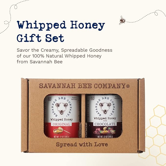 Whipped Honey Gift Set by Savannah Bee - Creamy Smooth Spreadable and absolutely Delicious - 100% Natural and Pure Honey - 12 Oz (Original &amp Chocolate)