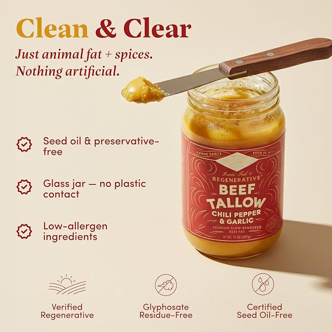 FOND Regenerative Grass-Fed Beef Tallow for Cooking – High Smoke Point Grass Fed Beef Tallow for Frying Sautéing &amp Roasting – Sustainably Sourced Seed Oil Free – Chili and Garlic 14oz (4-Pack)